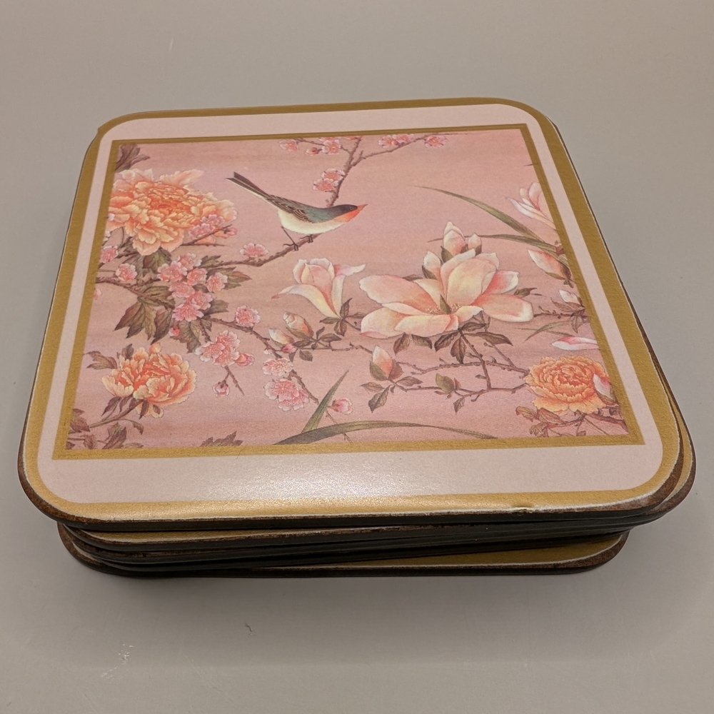 Pimpernel Pink and Gold Floral Bird Coasters